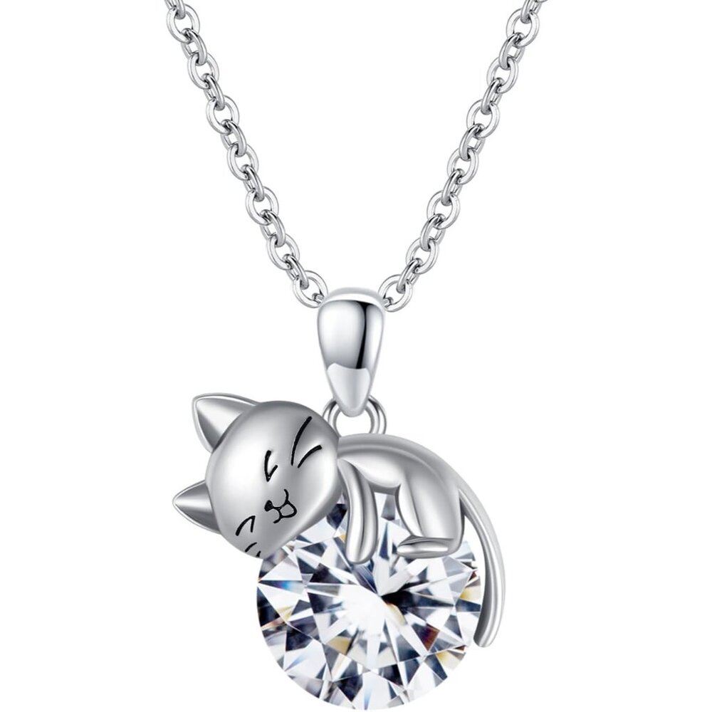 Women's Birthstone Beautiful Chain High Quality Pendant Silver Cat Necklace